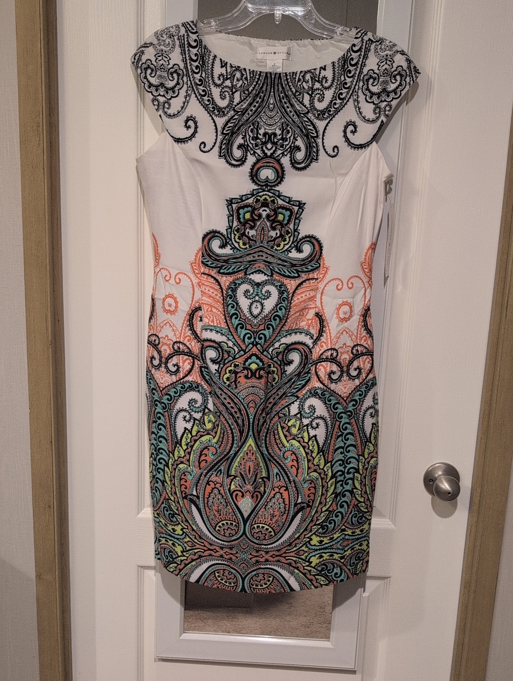 London Style White Cap-Sleeve Paisley Mini Dress with Coral, Teal & Lime Accents